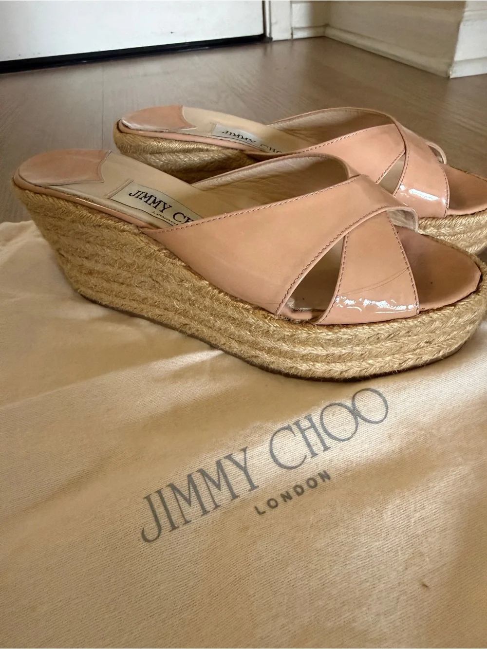 Jimmy Choo Espadrille Wedge Sandals Blush Pink Patent Leather Slides Size 35